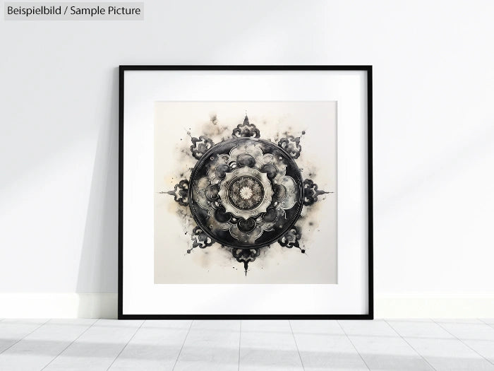 Framed black and white mandala art on a white wall, featuring intricate geometric patterns and symmetrical designs.