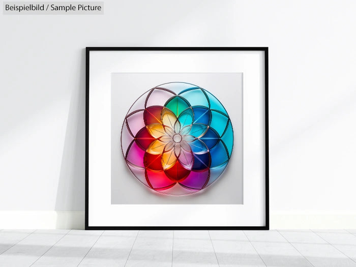 Framed geometric artwork with vibrant rainbow colors displayed on a white wall.