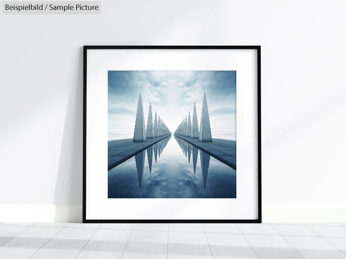 Framed geometric artwork of symmetrical white towers reflecting in water, with a cloudy sky backdrop.