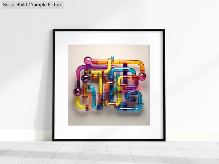 Colorful abstract artwork with interwoven glass pipes in a square frame on a white wall.