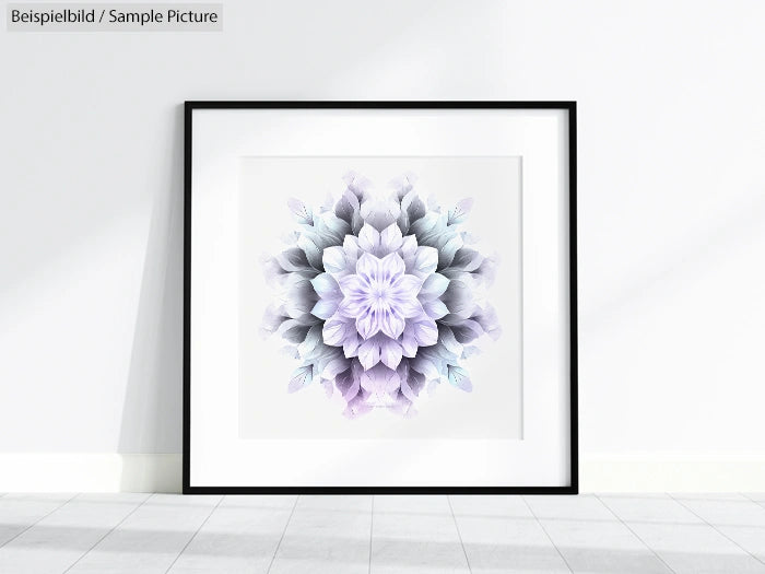 Framed artwork featuring a symmetrical floral design in pastel purple hues, displayed against a light gray wall.