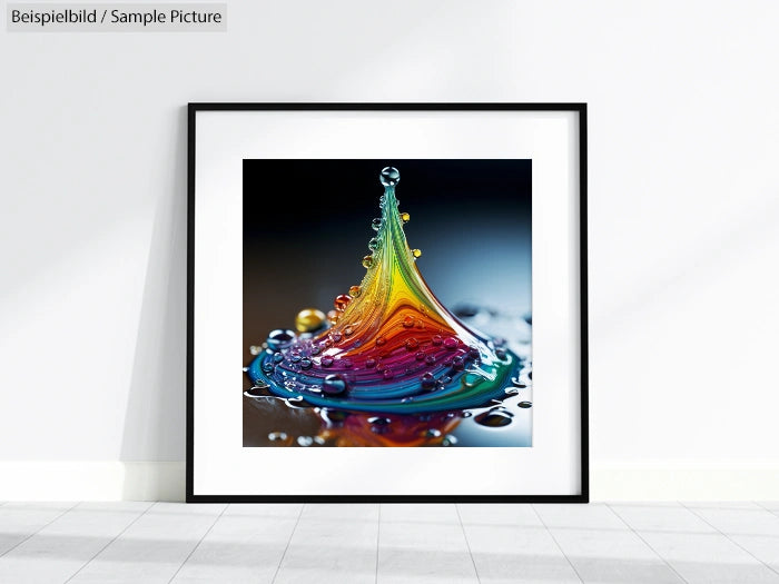 Framed photo of a colorful water droplet splash on a gradient background, displayed on a floor against a white wall.