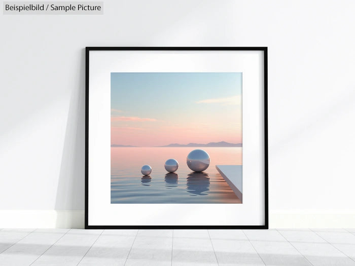 Framed minimalist artwork of white spheres floating on calm water with a pastel sunset background.