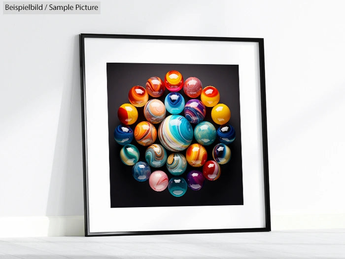 Framed artwork with colorful, spherical elements arranged in a dynamic pattern against a dark background.