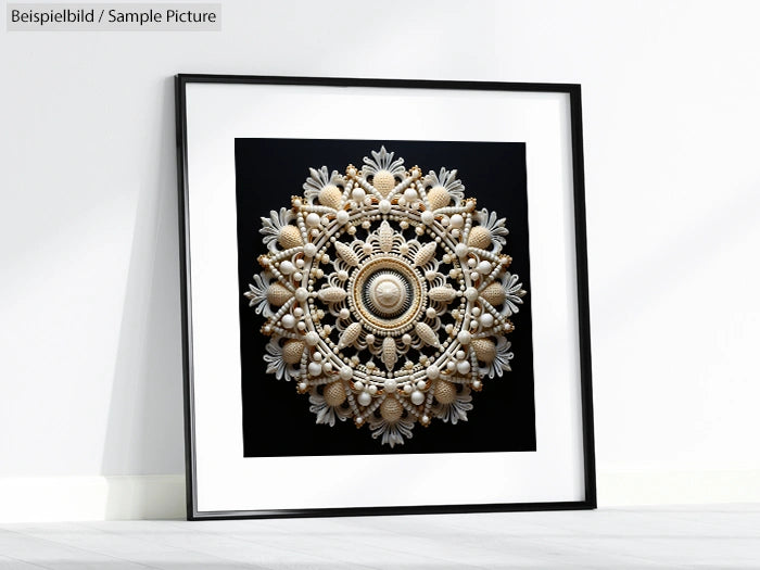 Decorative artwork in a black frame with intricate circular patterns and pearl-like details on a black background.