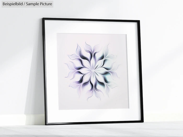 Abstract artwork with floral design in black frame, featuring delicate purple and blue hues.