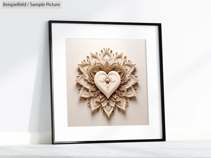 Framed art piece with intricate paper heart and floral design in beige tones, displayed on a light floor.