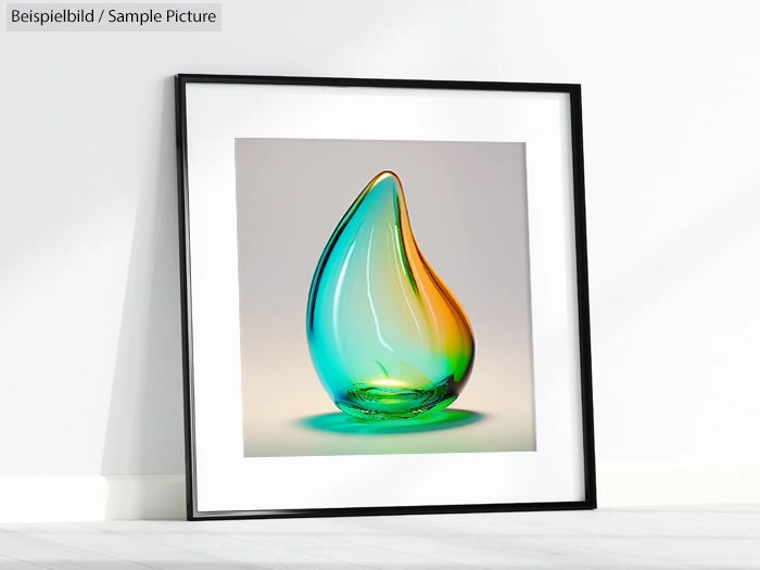 Framed glass art piece with gradients of blue, green, and orange, resembling a teardrop, displayed on a white floor.