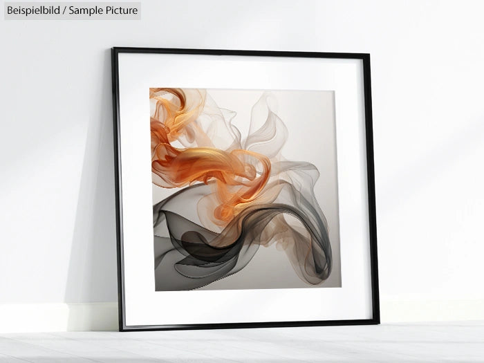 Framed abstract art print with flowing orange and black swirls on a light gray background, set against a white wall.