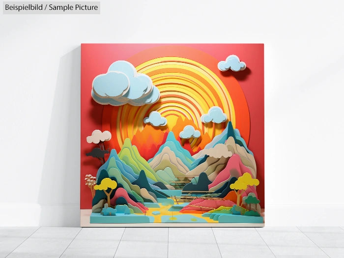 Colorful 3D landscape art with mountains, clouds, and a sunburst on a red background in a modern, abstract style.