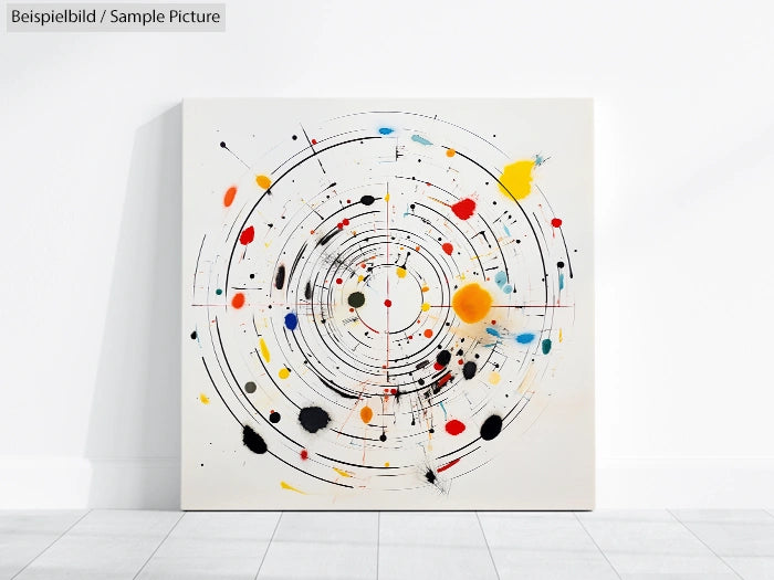 Abstract painting with concentric circles and colorful splatters on a white canvas, against a white wall.