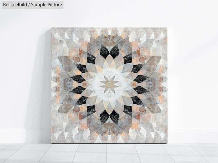 Geometric mandala artwork with earthy tones on a square canvas, displayed on a light-colored wall and floor.