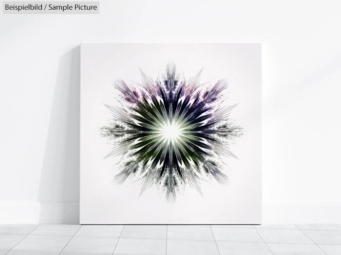 Abstract art piece with a radial starburst pattern in black, white, and purple hues on a white canvas, against a plain wall.