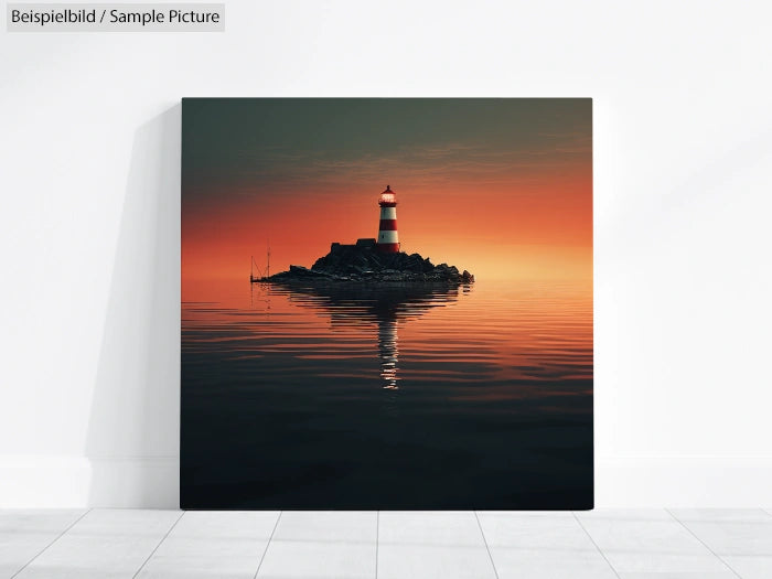 Sunset lighthouse on rocky island reflected in calm water, art print on display.