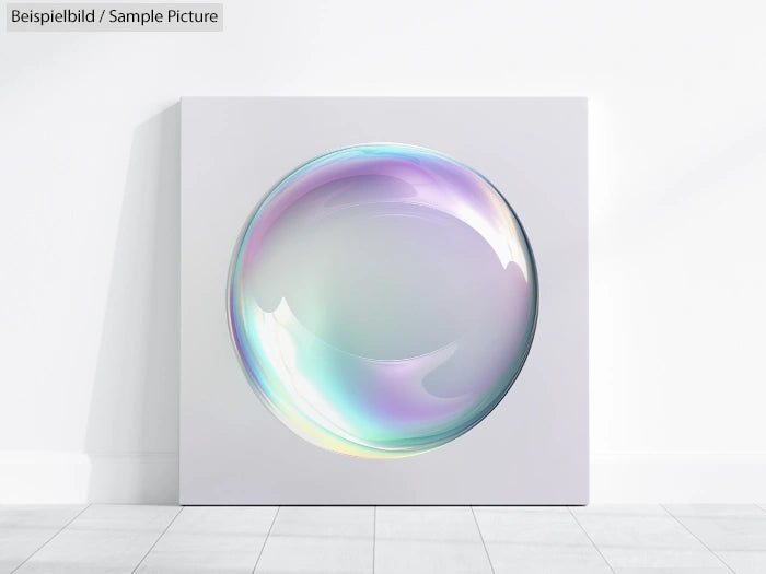 Iridescent soap bubble artwork on a white square canvas with soft pastel colors.