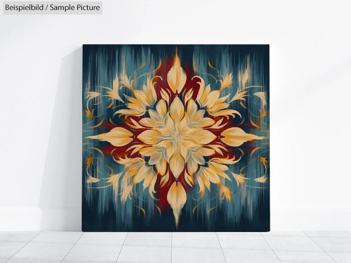 Floral mandala painting on canvas with blue and gold tones, displayed against a white wall.