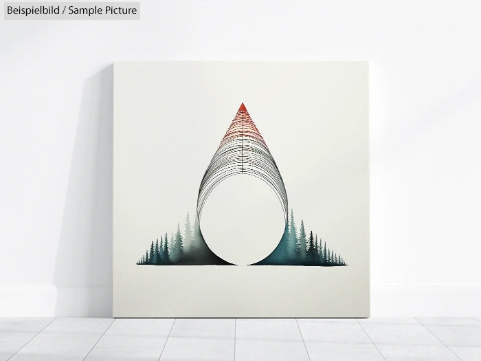 Abstract geometric art with a circle and triangle, surrounded by stylized evergreen trees on a white background.