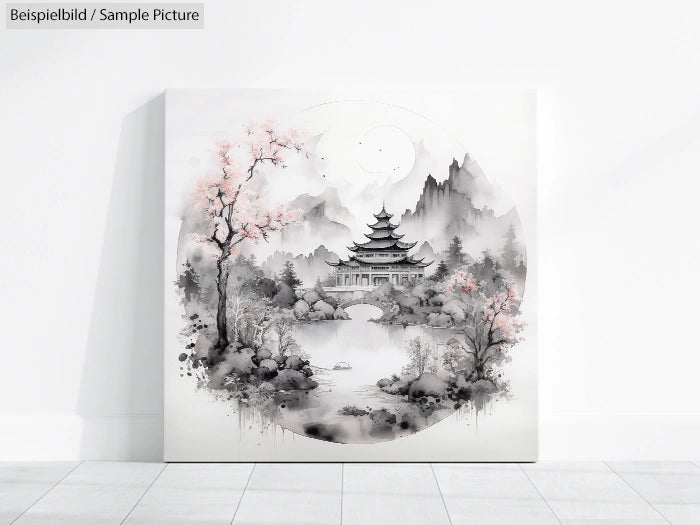 Asian landscape painting with pagoda, cherry blossoms, and mountains in black and white with pink highlights.