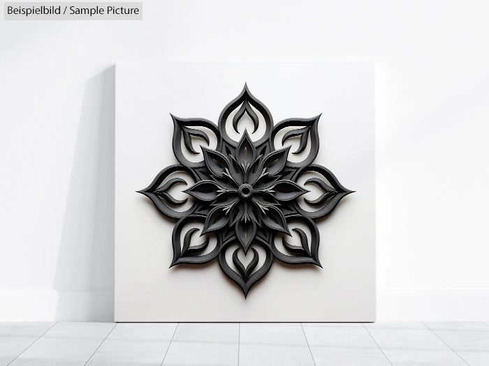 Black mandala wall art on white background with intricate floral patterns on a light gray floor.