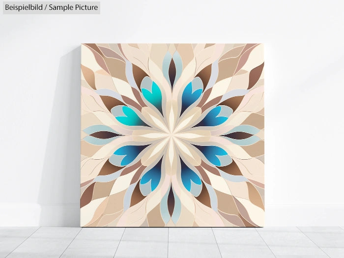 Geometric flower pattern in shades of beige, blue, and brown on canvas against a white wall.