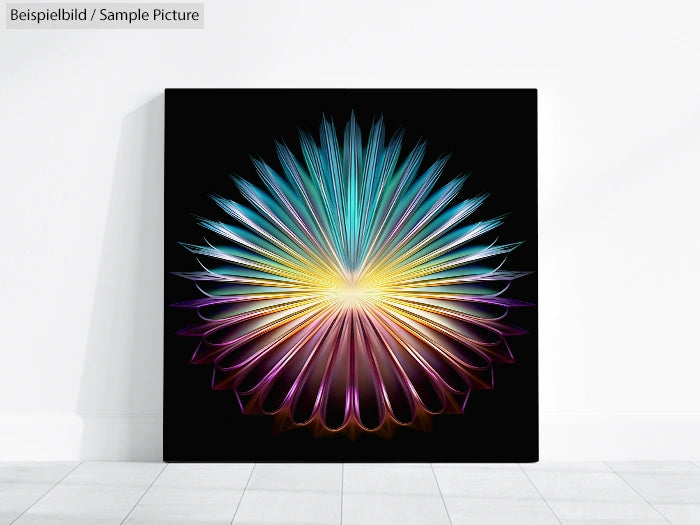 Colorful abstract flower-like digital artwork on a black background, displayed on a white wall.