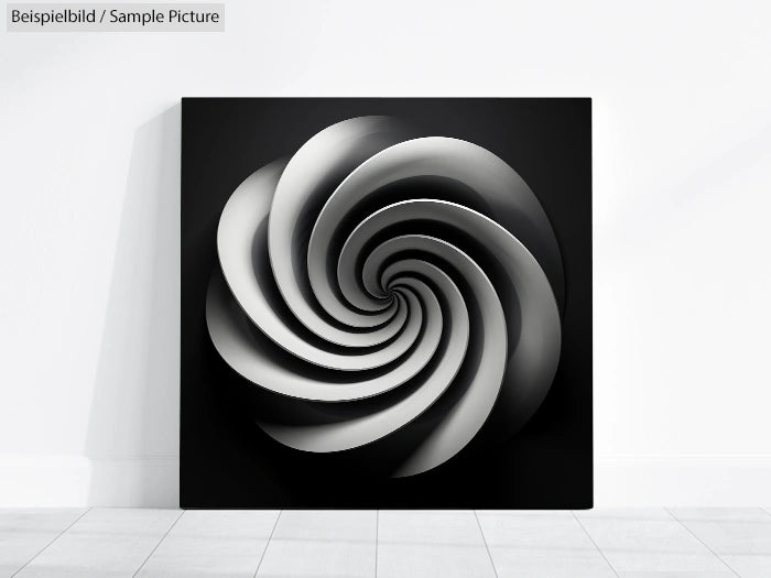 Modern abstract sculpture with spiral shape on a black and white square canvas displayed on a white wall.