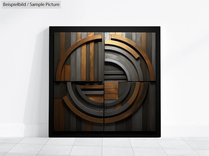 3D abstract wall art with concentric wooden circles and square frames on a white tiled floor.