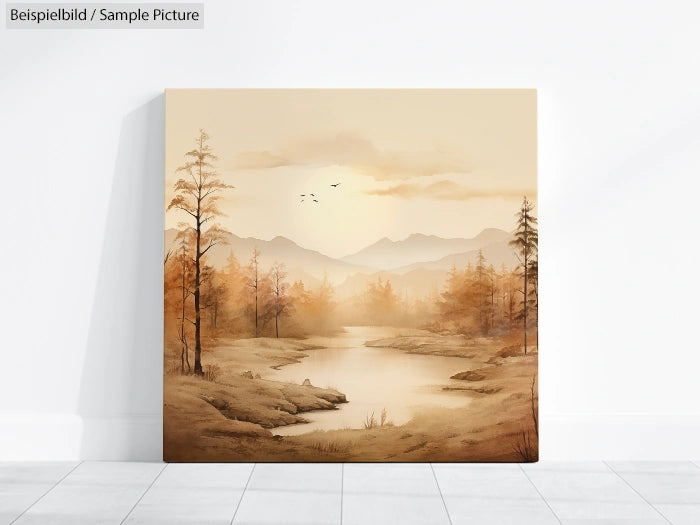 Tranquil landscape painting with autumn trees, a calm river, and distant mountains under a soft, hazy sky.