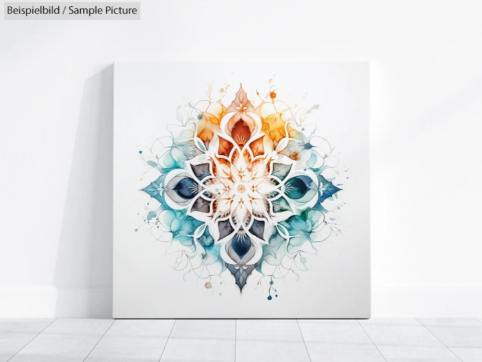 Colorful mandala artwork with intricate patterns in blues, oranges, and whites, displayed in a minimalist room.