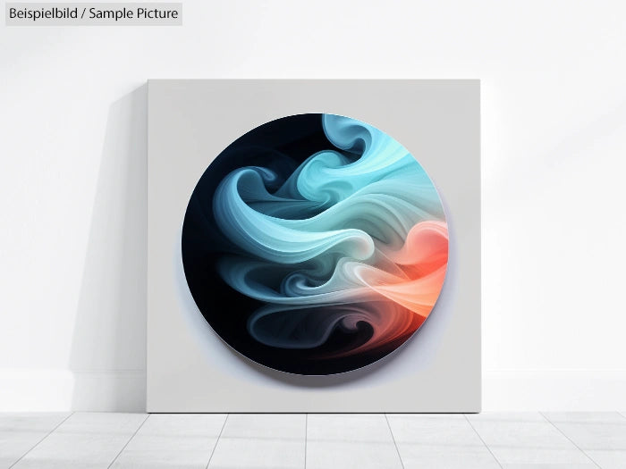 Abstract painting with swirling blue and red hues on a circular canvas, displayed on a white wall.