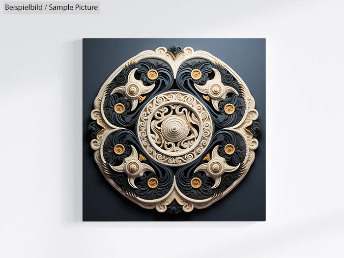 Intricate circular black and white relief sculpture with swirling patterns and gold accents on a dark background.