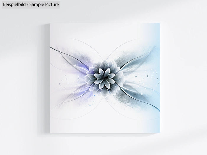 Abstract floral design with blue and gray hues, featuring a central flower in symmetrical soft brush strokes.