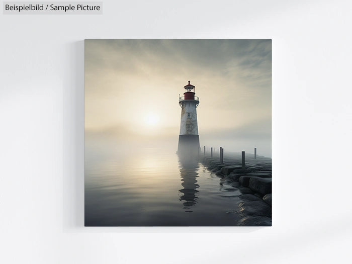 Lighthouse surrounded by mist, reflecting on calm water, with a stone pathway leading to it.