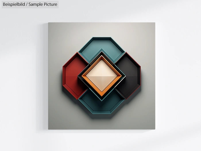 Geometric wall art with octagonal shapes in teal, red, black, and beige, creating a layered pattern.