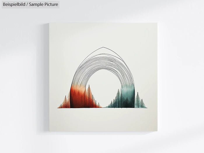 Minimalist art with an abstract arch and pine trees in red and green gradient on a white background.