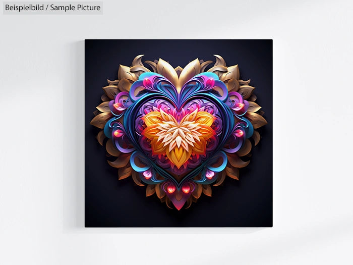 Colorful ornate heart design with intricate floral patterns on a dark background.