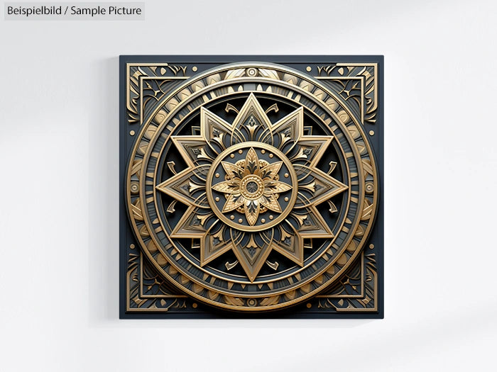 Intricate gold and black mandala wall art with geometric patterns on a square frame.