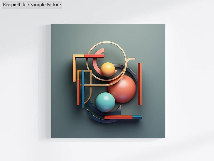 3D geometric abstract art with colorful spheres and angular gold shapes on a gray background.