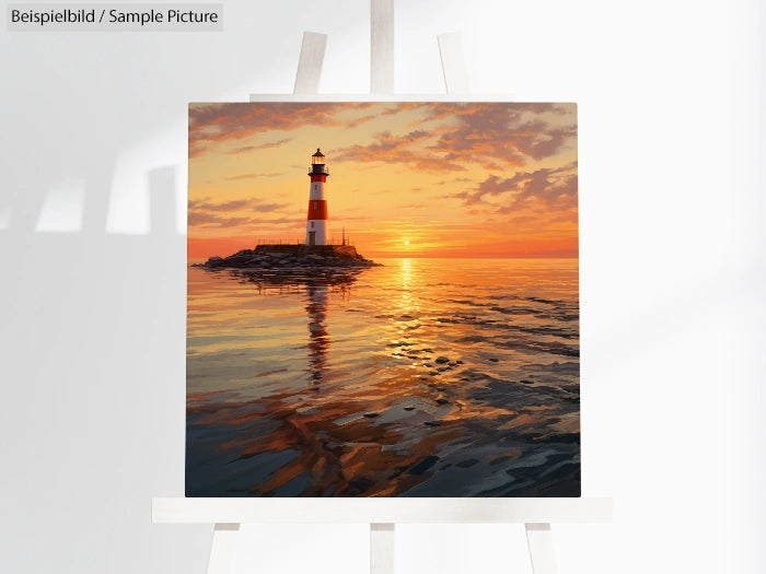 Canvas painting of a lighthouse on a sunset-lit rocky island, reflecting on calm ocean waters, placed on a white easel.