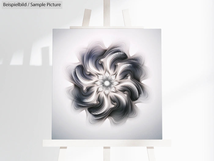 Abstract black and white floral-like design on a canvas displayed on an easel against a light background.