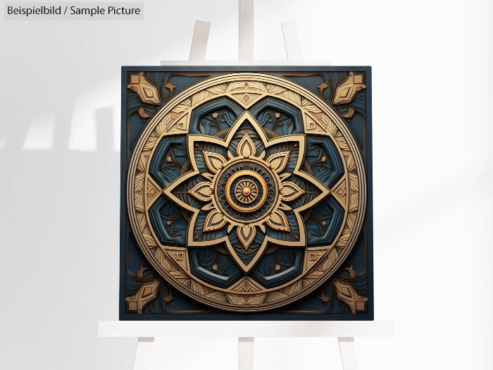 Intricate 3D circular mandala art in gold and navy blue displayed on an easel against a light background.