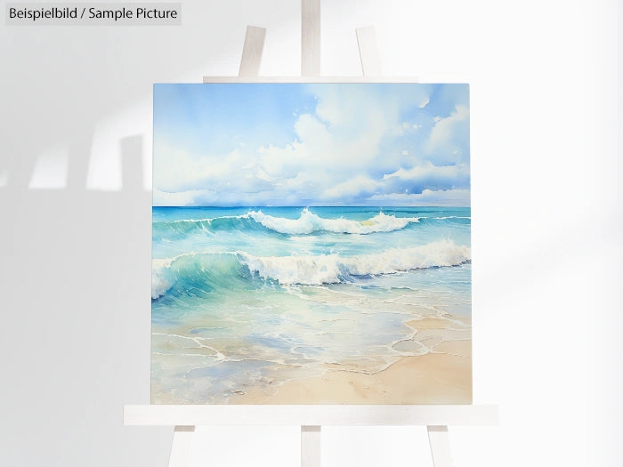 Painting of a serene beach scene on an easel, depicting waves under a bright blue sky with fluffy clouds.