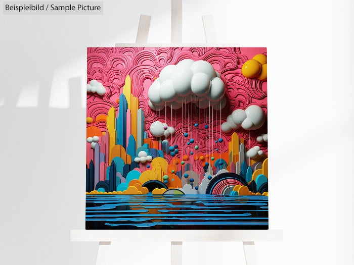 Colorful abstract art with buildings, clouds, and rain on pink textured background, displayed on an easel.