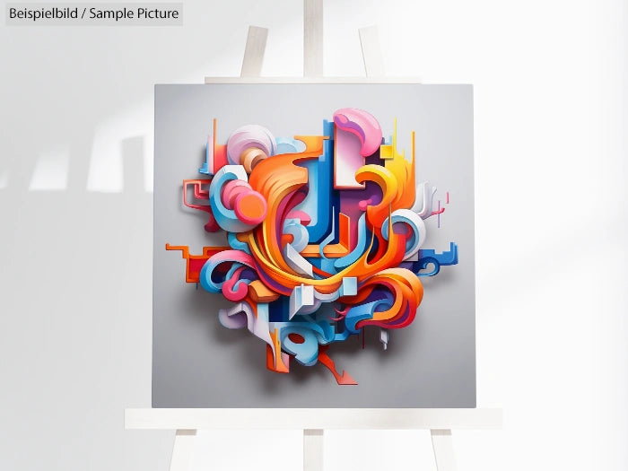 Colorful 3D abstract art piece with swirling shapes and vibrant hues on a white easel and gray background.