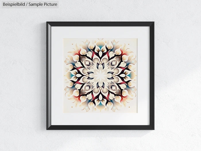 Framed artwork of a symmetrical floral mandala with beige, red, and black hues on a white background.