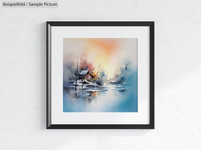 Framed watercolor painting of a snowy cabin by a tranquil lake at sunrise, with blue and orange hues.