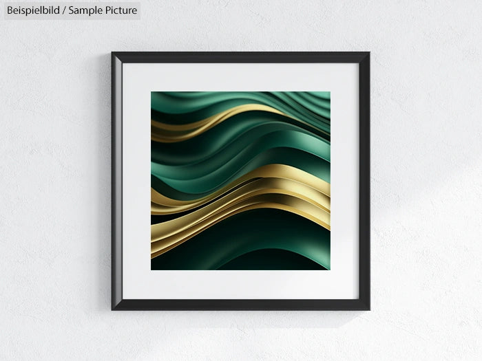 Framed abstract art with green and gold wavy lines on a white background, hung on a light-colored wall.