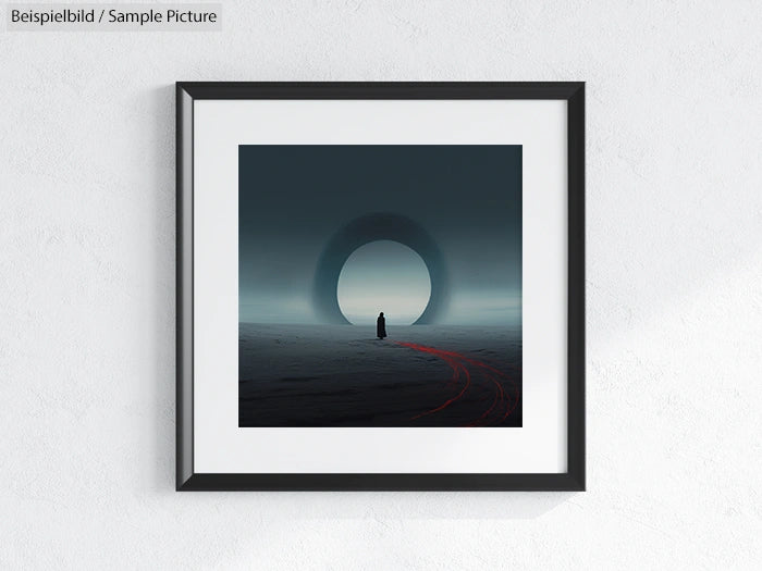 Framed art of a mysterious figure walking toward a giant circular portal in a foggy landscape.