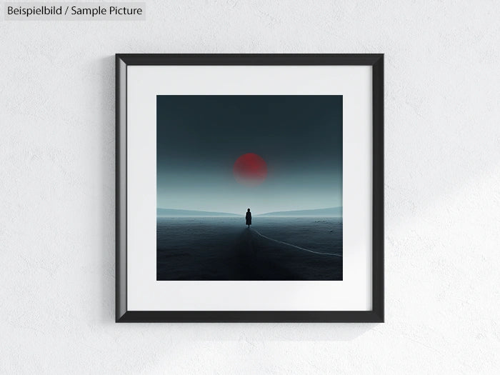 Framed minimalist art with solitary figure on a dark landscape beneath a large red moon.