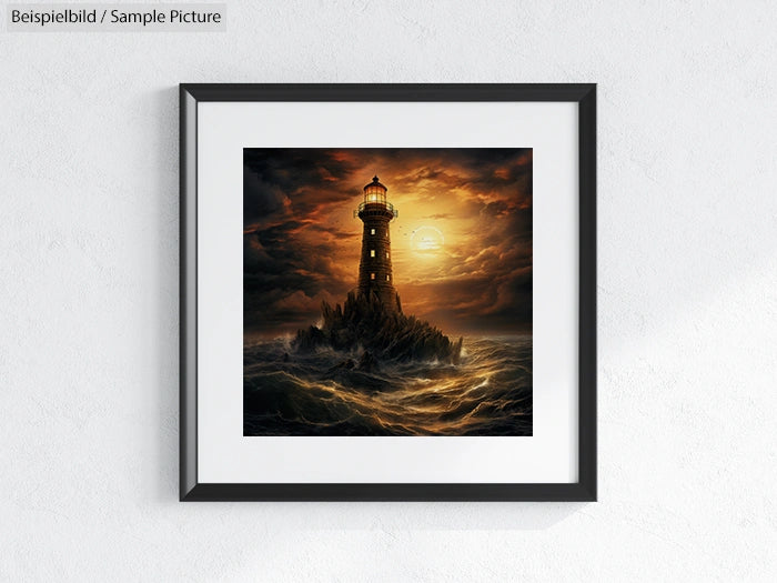 Framed painting of a lighthouse on rocky shore with stormy sea and dramatic golden sky.